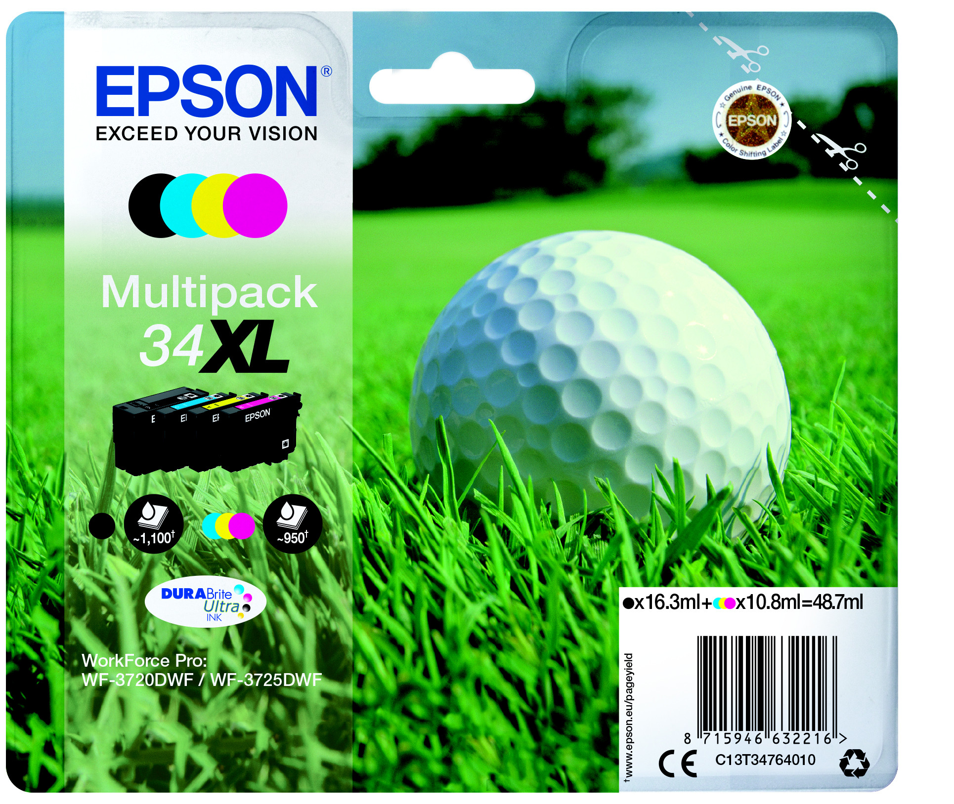 Epson 34 XL ''Golf'' Cartouche d'encre originale grande capacité C13T34764010 - Pack de 4 (Noir, Cyan, Magenta, Jaune)
