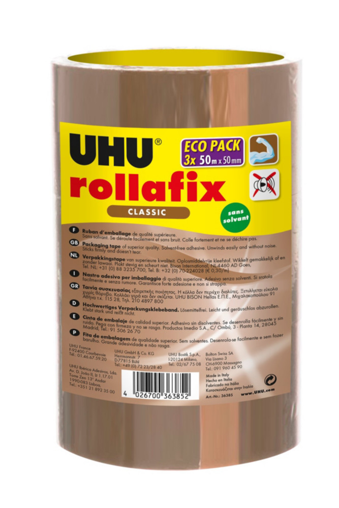 UHU Rollafix Ruban adhsif d'emballage en polypropylne silencieux 46 microns 50 mm x 50 m - Havane  - lot de 3