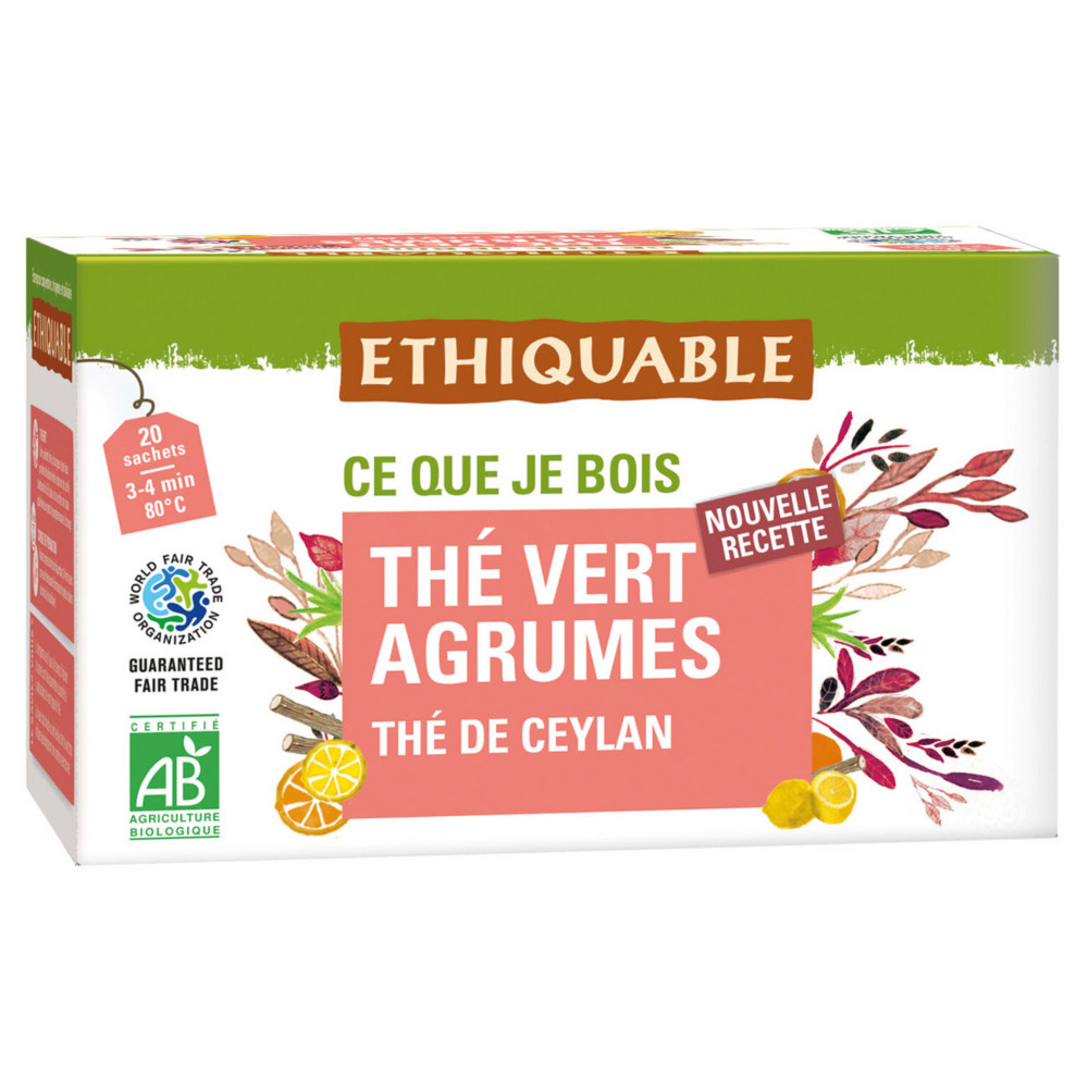 Ethiquable Th vert agrumes Ceylan Bio et quitable - 20 sachets fracheur recyclables en infusette