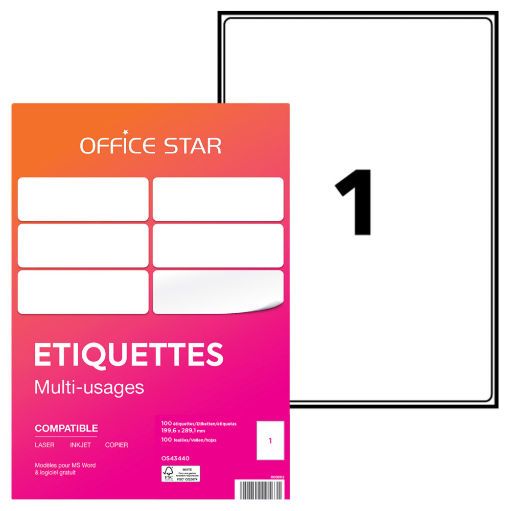 OFFICE STAR OS43440 Etiquettes multi-usages blanches 199,6 x 289,1 mm - Bote de 100