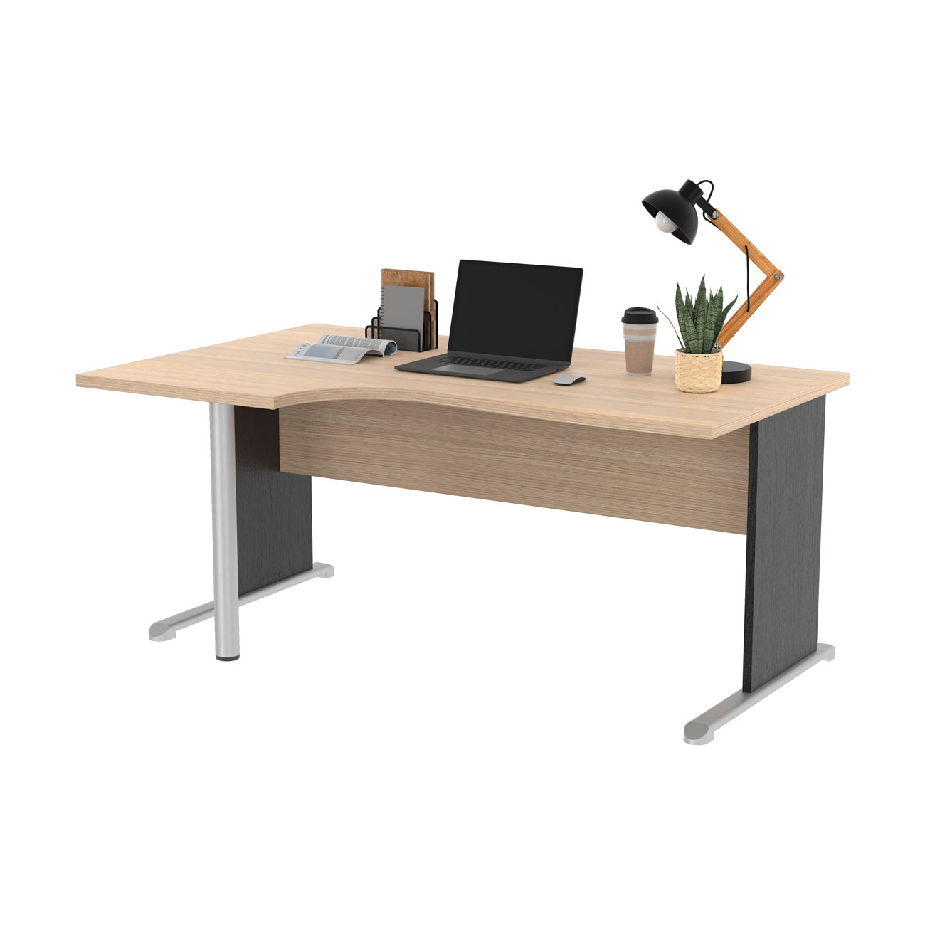 Bureau d'angle compact retour à gauche Pronto Bois - L.160 x P.100 cm - Plateau Chêne - Pieds L Noir