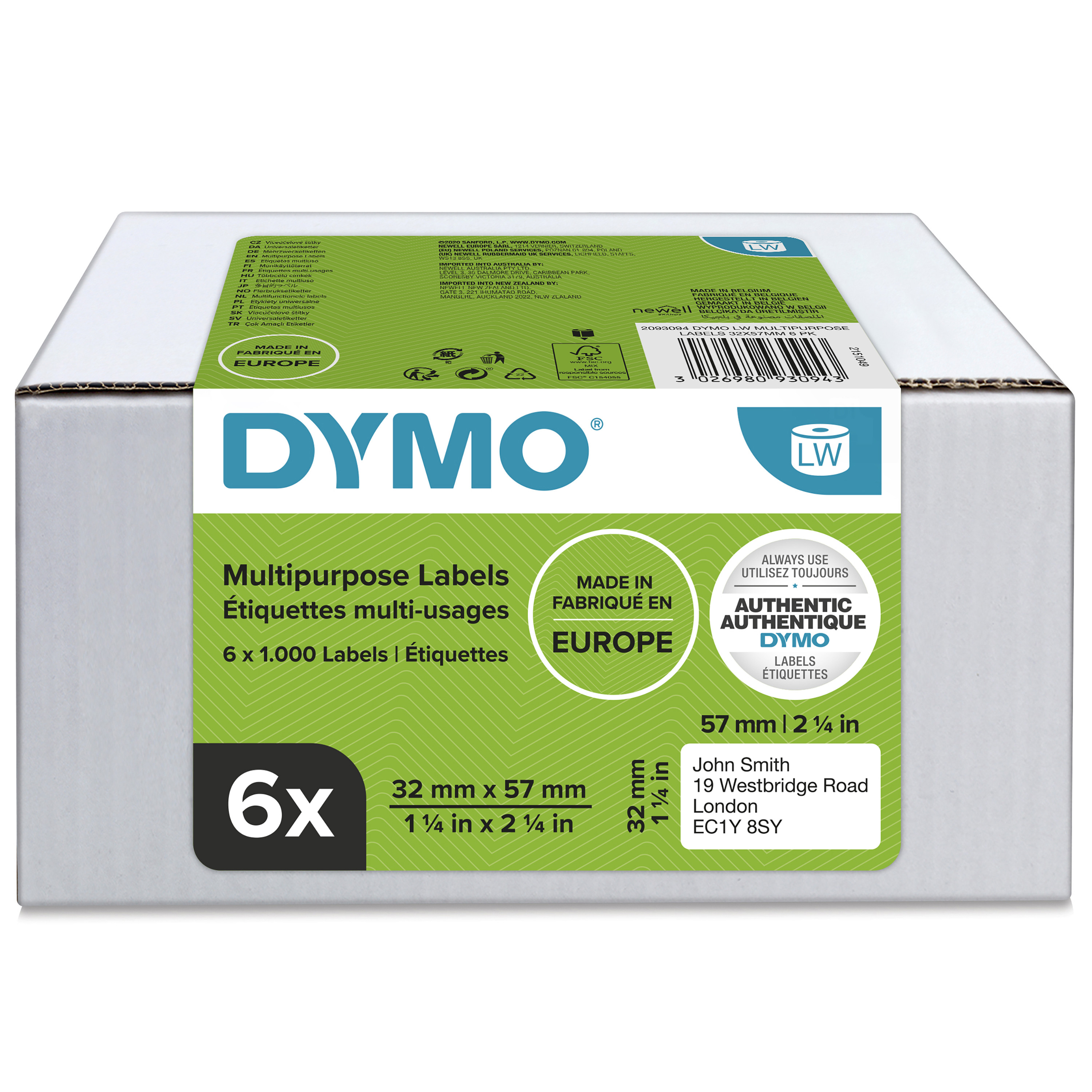 Dymo Étiquettes multi-usages 2093094 LabelWriter - 32 x 57 mm - Boîte de 6 rouleaux de 1000 étiquettes
