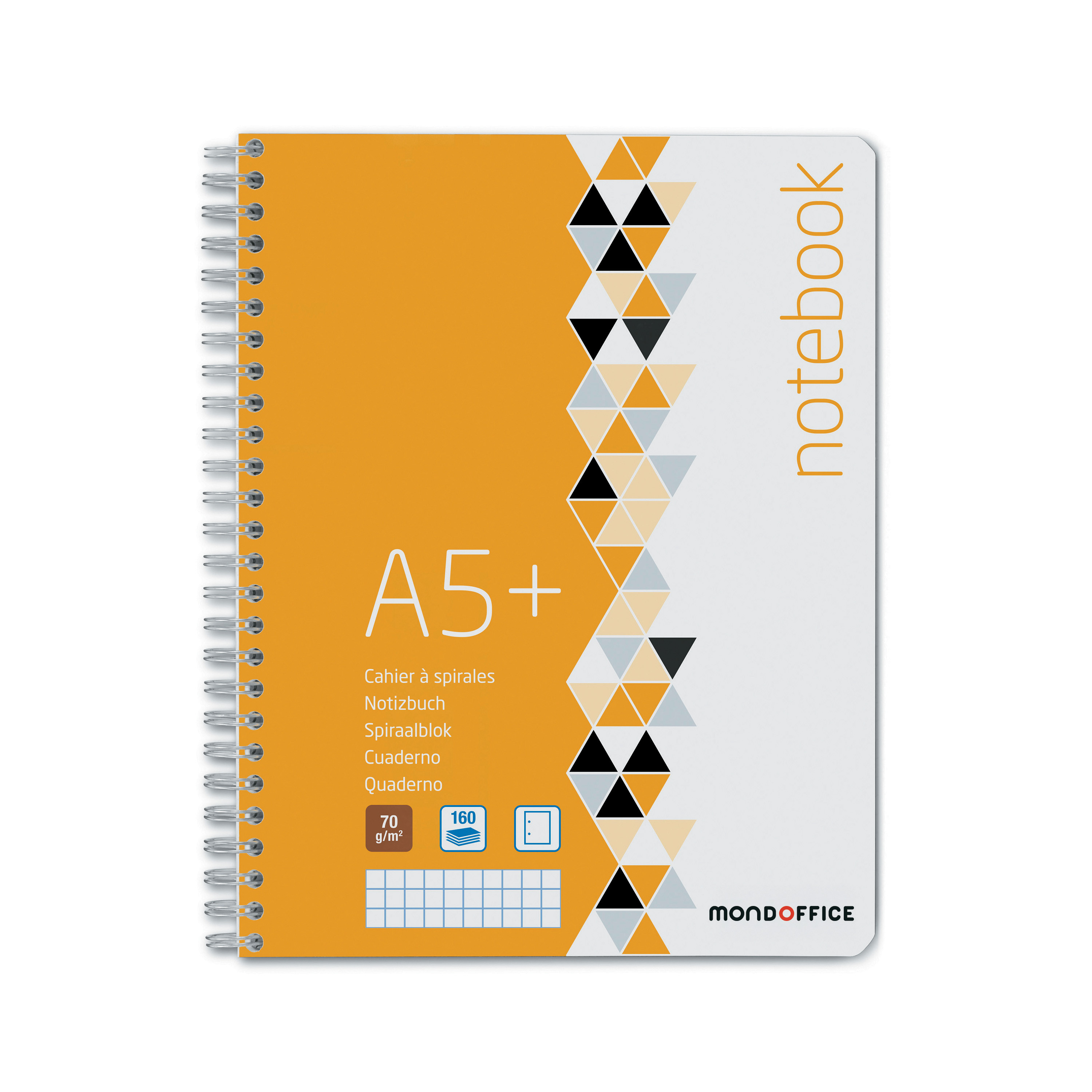 MONDOFFICE Cahier à spirale 16,8 x 21 cm - 70g - Perforé 2 trous - Petits carreaux 5x5 - 160 pages