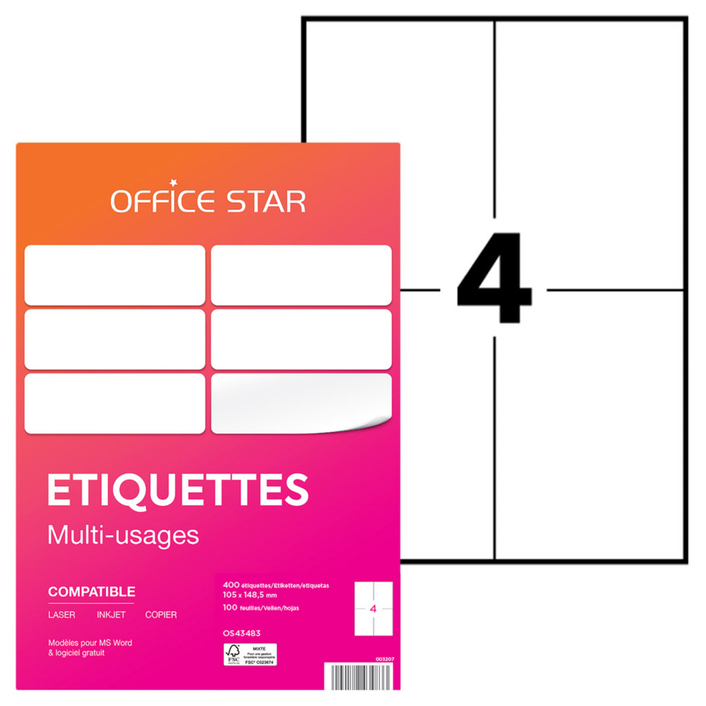 OFFICE STAR OS43483 Etiquettes multi-usages blanches 105 x 148,5 mm - Bote de 400