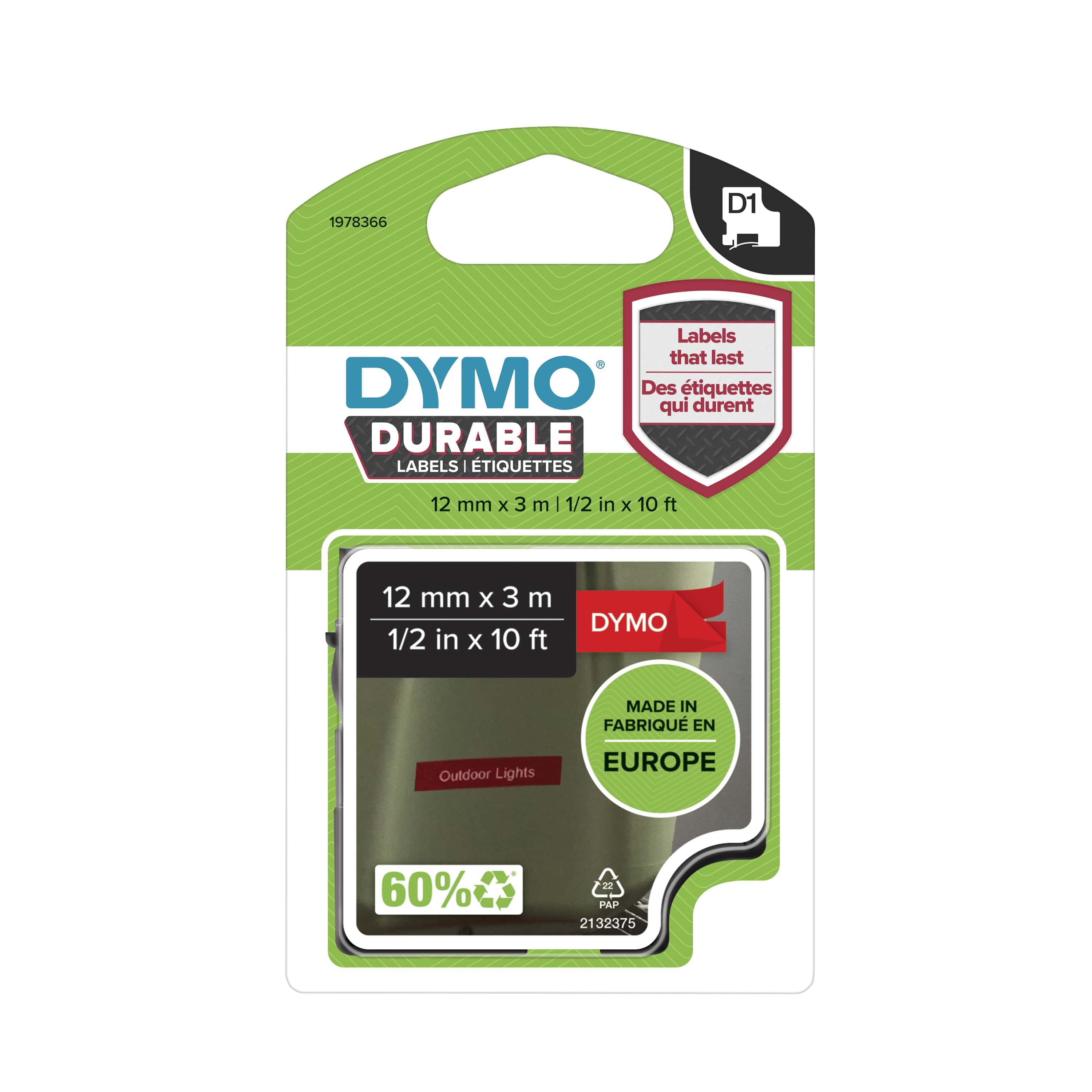 Dymo Ruban D1 durable 1978366 pour étiqueteuse - 12 mm x 3 m - Blanc sur Rouge