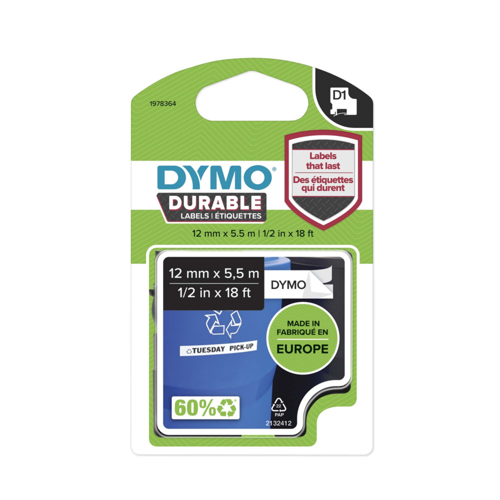Dymo Ruban D1 durable 1978364 pour tiqueteuse - 12 mm x 5,5 m - Noir sur Blanc