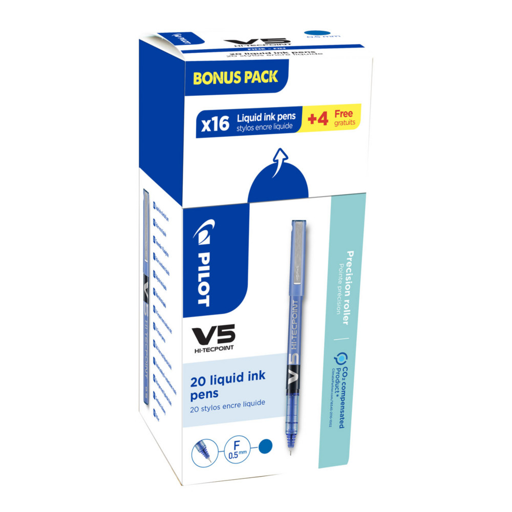 Pilot Hi-Tecpoint V5 - Stylo roller pointe fine 0,5 mm - Bleu - Pack Promo 16 + 4 OFFERTS