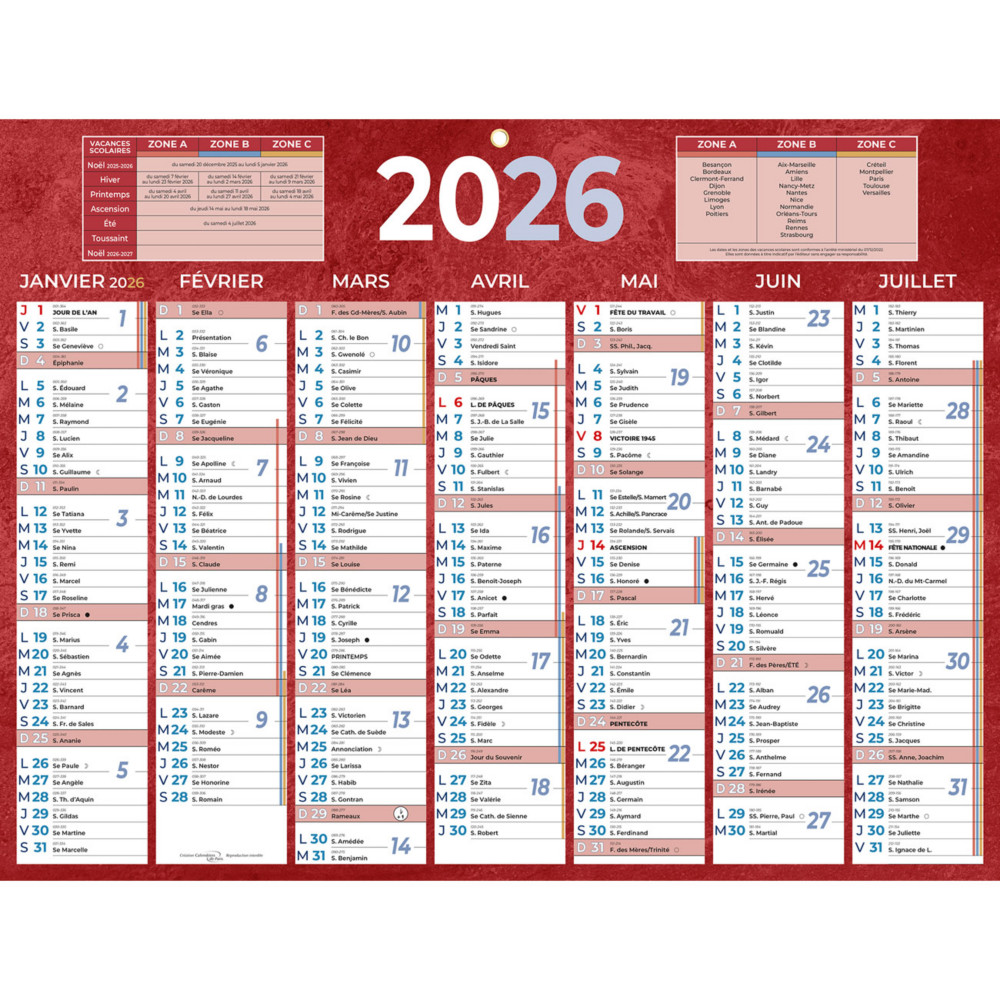 Bouchut Calendrier mural annuel (7 mois / face) - Rouge - 32 x 42 cm - 2026