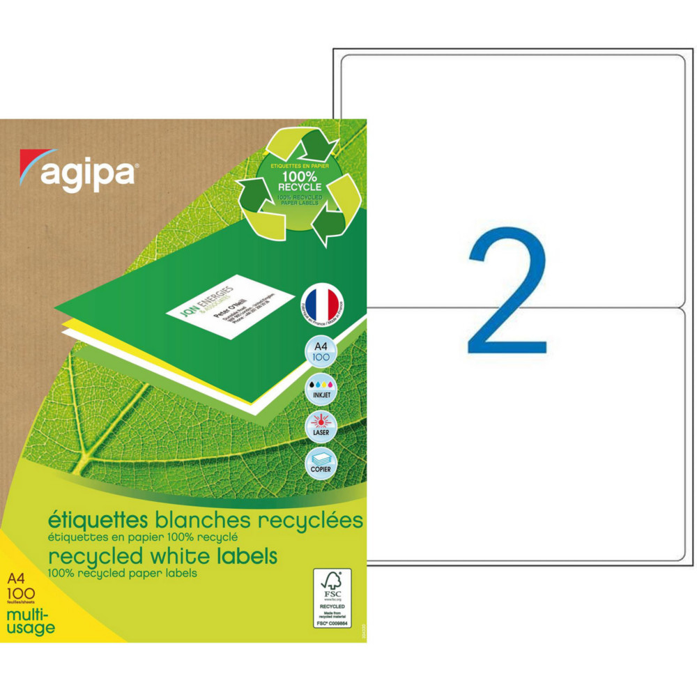 AGIPA 102650 Etiquettes blanches recycles multi-usage 199,6 x 143,5 mm - Bote de 200