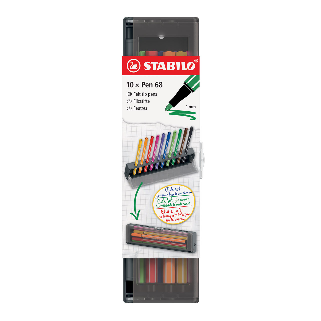 STABILO Stylo-feutres Pen 68 - Présentoir Click Box de 10 feutres, pointes moyennes, couleurs d'encre assorties