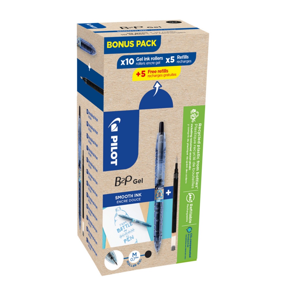 Pilot Eco Pack B2P Begreen, stylo bille rtractable, pointe moyenne 0,7 mm, corps noir transparent avec zone de prhension, encre noire, 10 stylos + 10 recharges dont 5 offertes