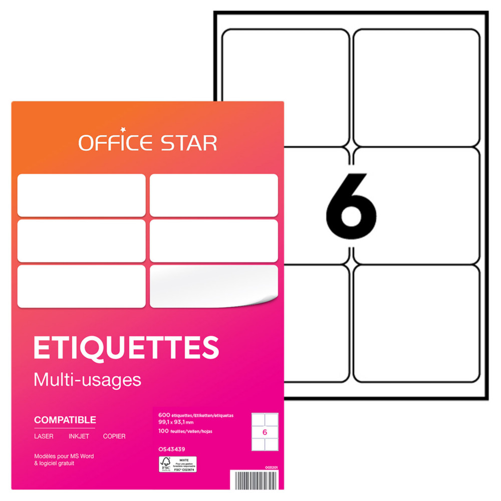OFFICE STAR OS43439 Etiquettes multi-usages blanches 99,1 x 93,1 mm - Bote de 600