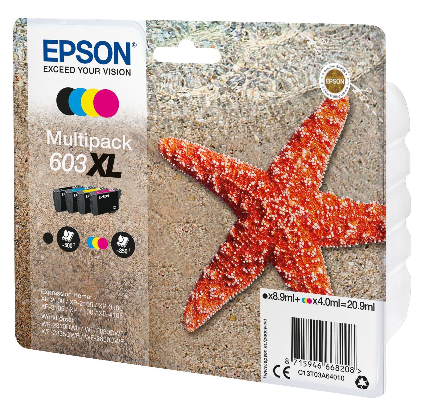 Epson 603 XL ''Étoile de mer'' Cartouche d'encre originale grande capacité C13T03A64010 - Pack de 4 (Noir, Cyan, Magenta, Jaune)