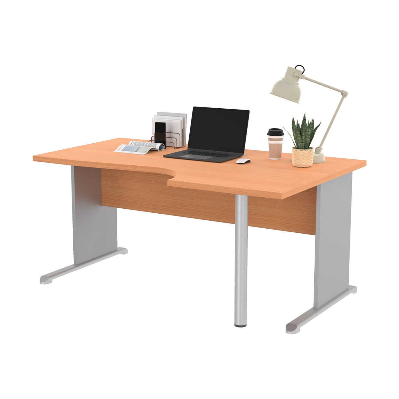 Bureau d'angle compact retour à droite Pronto Bois - L.160 x P.100 cm - Plateau Hêtre - Pieds L Aluminium