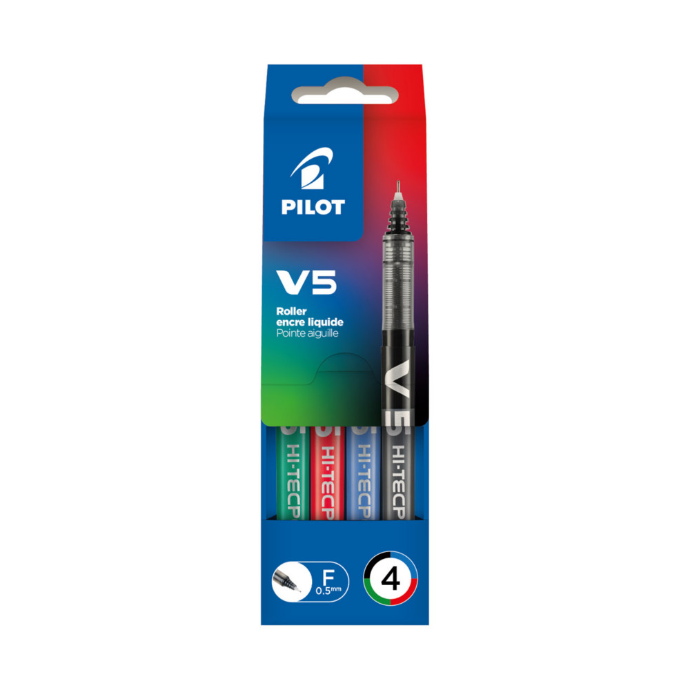 Pilot Hi-TecpointV5 - Stylo roller pointe fine 0,5 mm - Pochettes de 4 couleurs d'encre assorties