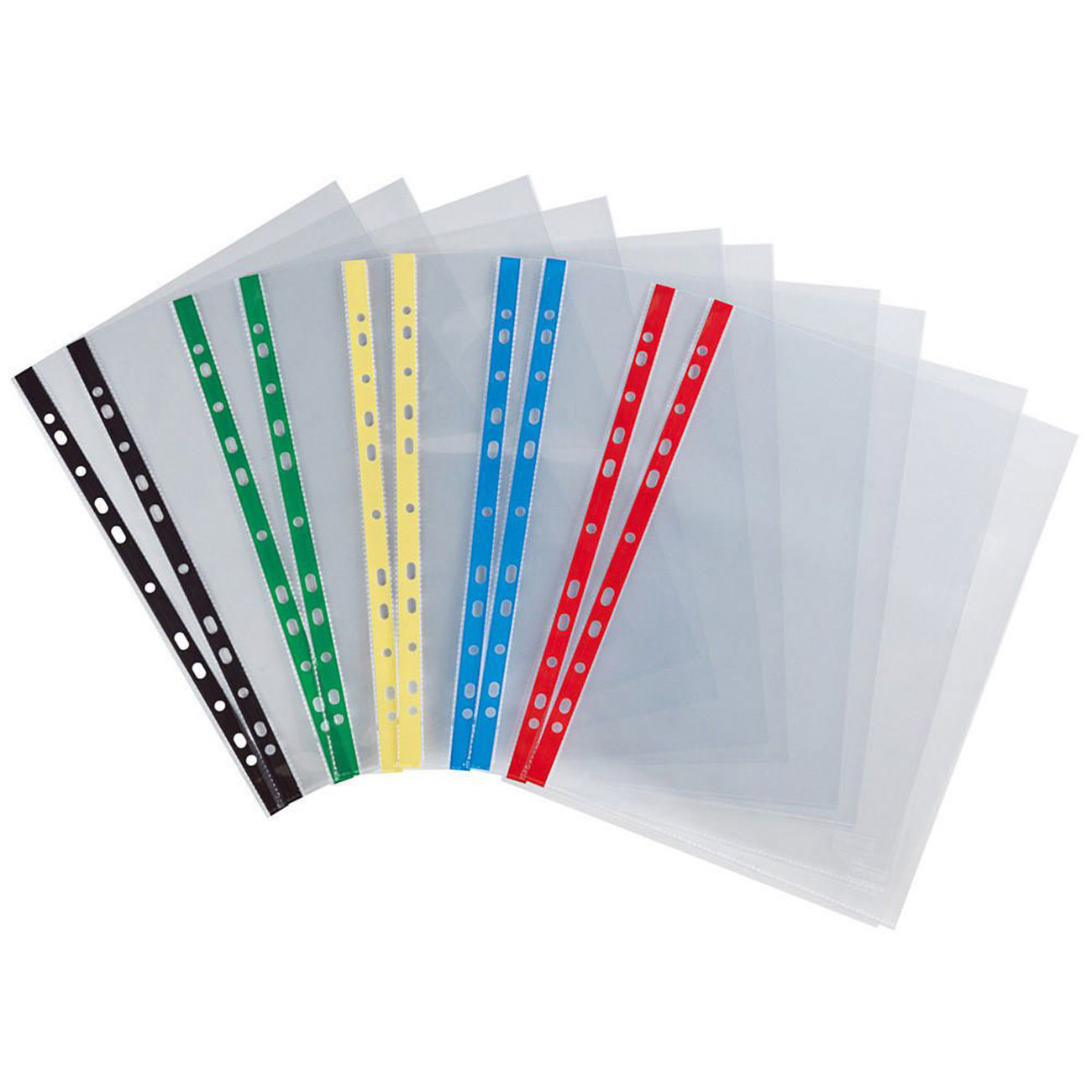 MONDOFFICE Pochettes perforées transparentes lisses A4 polypropylène 90 microns 11 trous avec bandes de couleur - Lot de 10