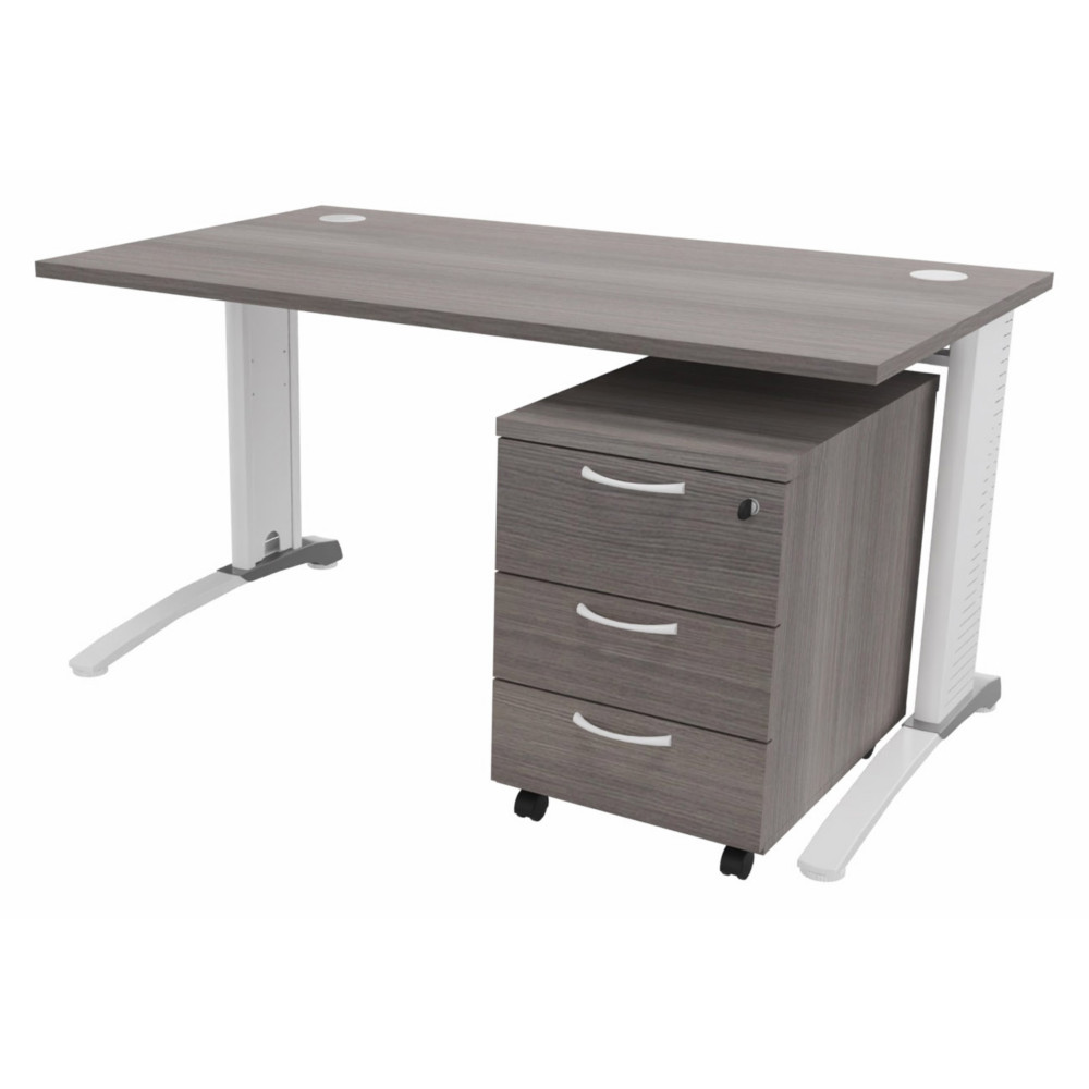 Pack bureau droit Biospace L.140 x P.80 cm Plateau Cdre Pieds Blanc Embases Aluminium + Caisson mobile 3 tiroirs Cdre