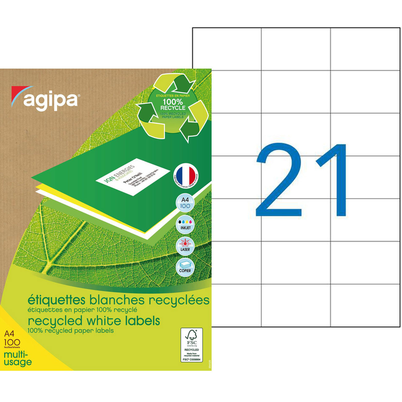 AGIPA 101188 Etiquettes blanches recyclées multi-usage 70 x 42,4 mm - Boîte de 2100