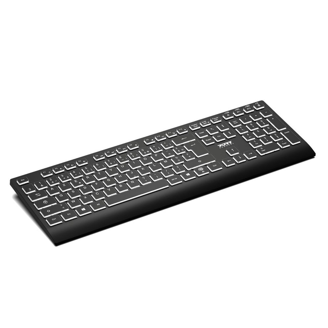 Port Connect Clavier sans fil rechargeable rétroéclairé AZERTY avec touche IA - Bluetooth + Dongle USB-A 2,4 GHz - Noir