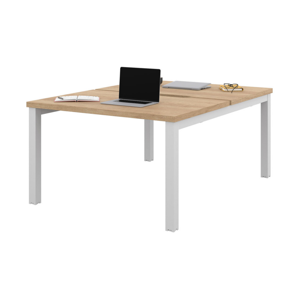 Bureau droit partag 2 postes Burocolor chancr - Dpart - L.120 x P.163 cm - Plateau Chne Nebraska - Pieds Blanc