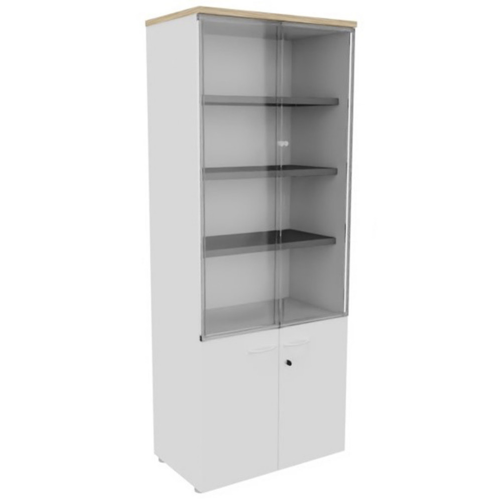 Bibliothque haute 4 portes dont 2 vitres L.80 x P.48 x H.201 cm - Corps Blanc - Top Chne