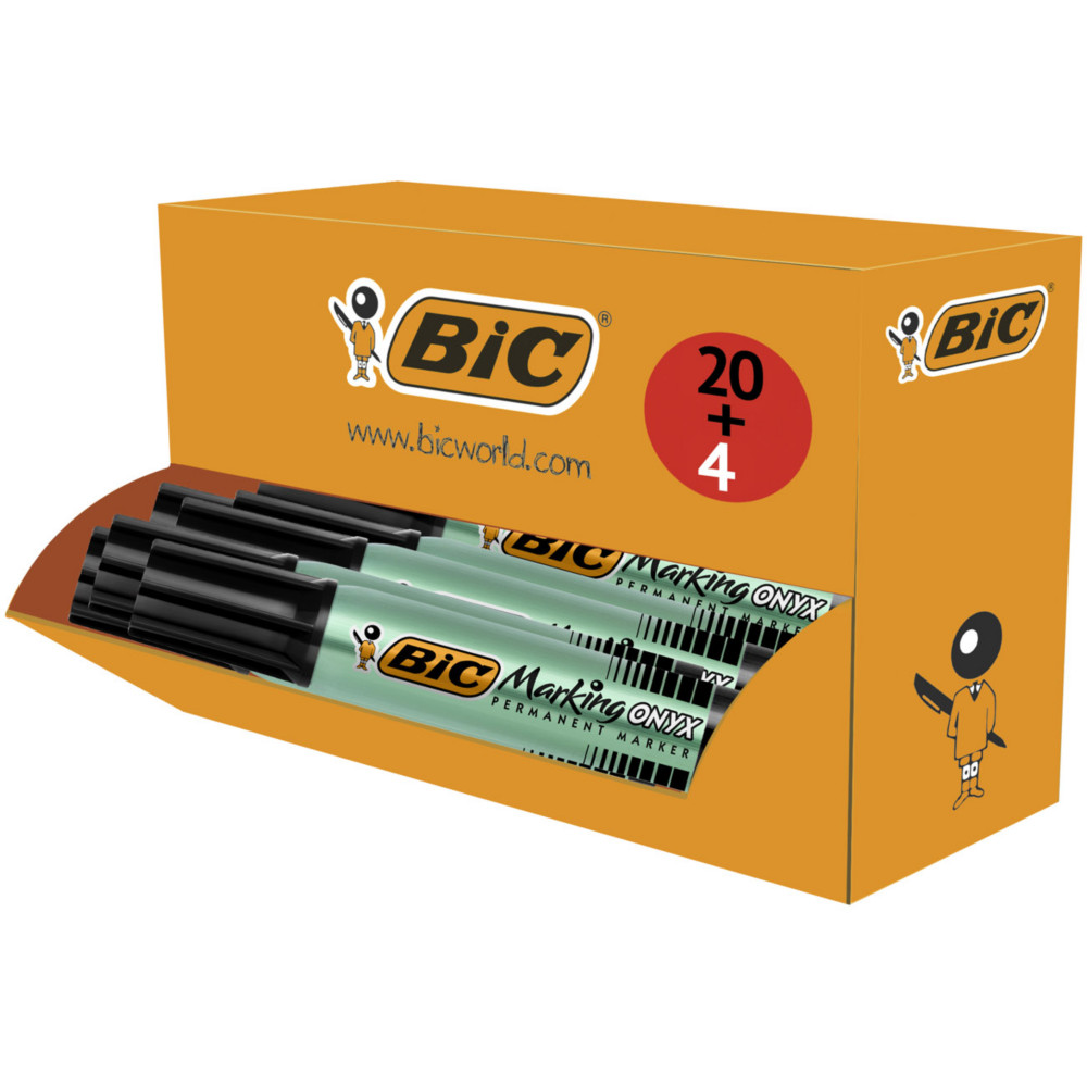 BIC Marking Onyx 1481 - Marqueur permanent pointe biseaute trait 2,7  6,2 mm - Noir - Pack de 20 + 4 OFFERTS