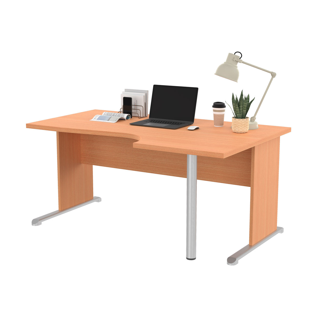 Bureau d'angle compact retour à droite Pronto Bois - L.160 x P.100 cm - Plateau Hêtre - Pieds L Hêtre