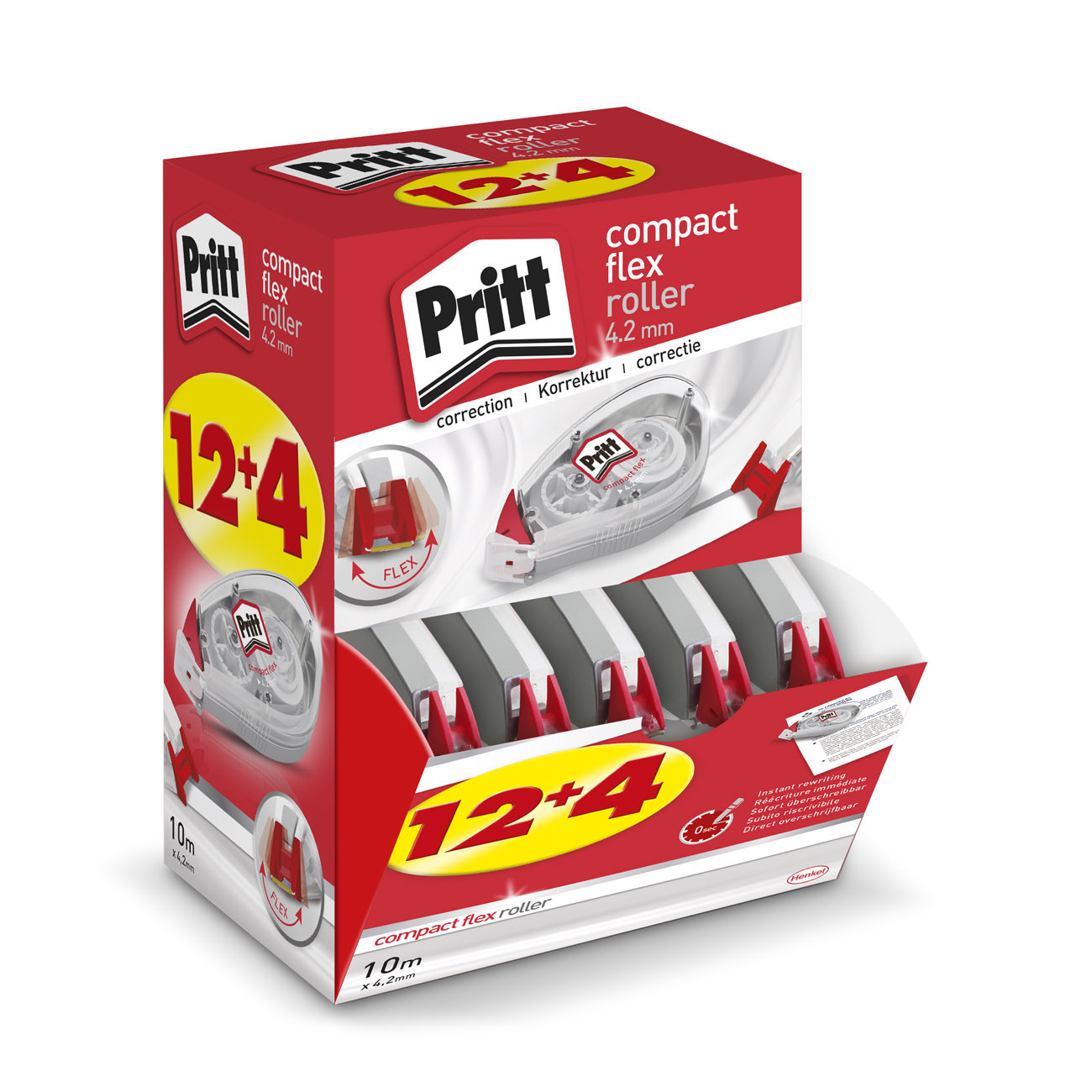 Pritt Roller de correction Compact Flex 4 2mm x 10m Translucide Pack de 12 + 4 OFFERTS