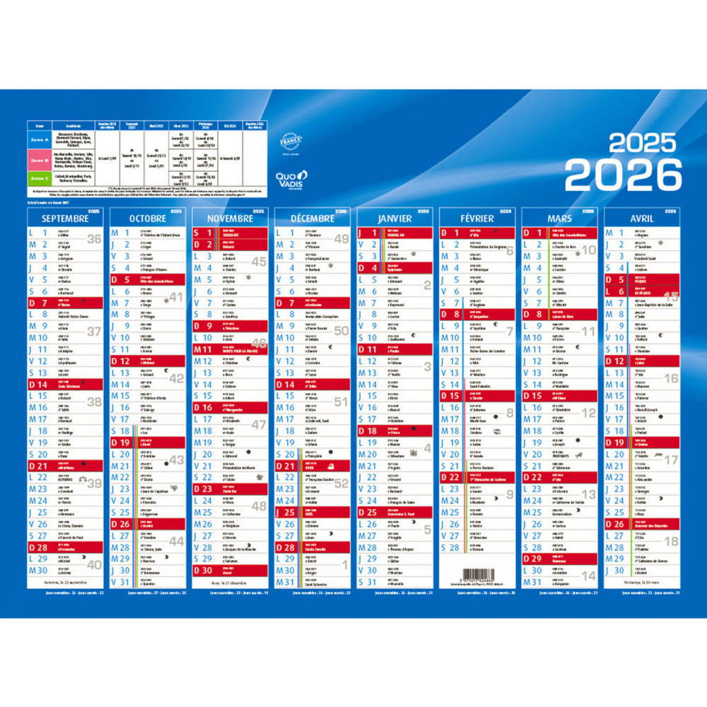 Quo Vadis Calendrier mural annuel Rentre des classes 8 mois par face - 55 x 40,5 cm - 2025/2026
