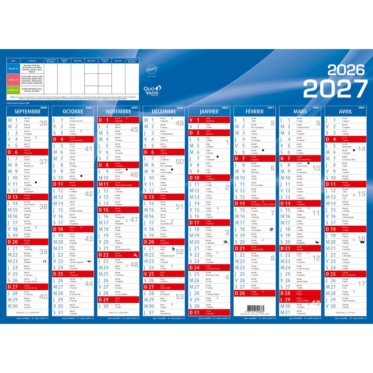 Quo Vadis Calendrier mural annuel Rentrée des classes 8 mois par face - 55 x 40,5 cm - 2026/2027