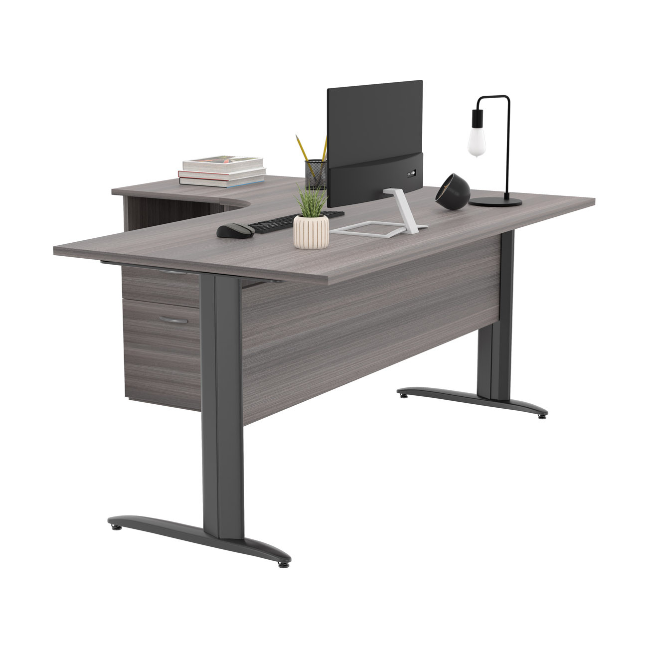 Pack Bureau d'angle compact retour à gauche Pronto Métal - L.160 x P.100 cm - Plateau Cendre - Pieds L Anthracite + Caisson hauteur bureau