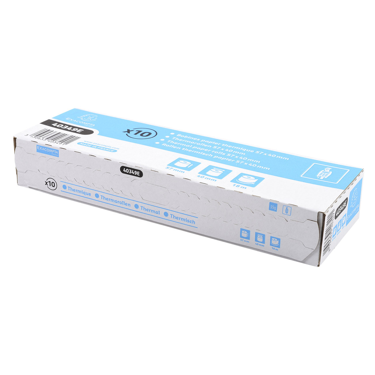Exacompta Bobine TPE carte bancaire 57 x 40 x 12 mm Longueur 18M Rouleau Papier thermique 1 pli 55g sans Bisphénol A Lot de 10