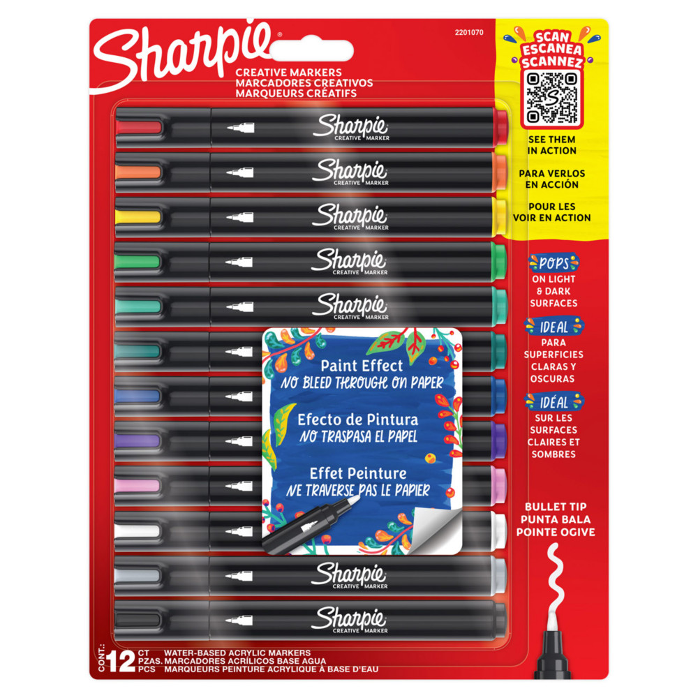 Sharpie Marqueurs cratifs  peinture acrylique - Pointe ogive - Pochette de 12 coloris assortis