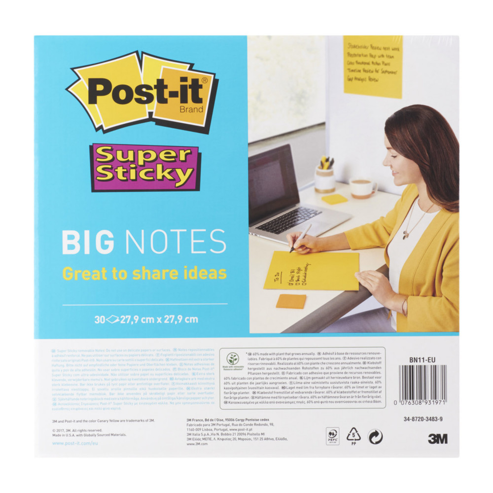 Post-it BigNotes SuperSticky, BN11-EU, 30feuilles, jaune fluo, 27,9x27,9cm