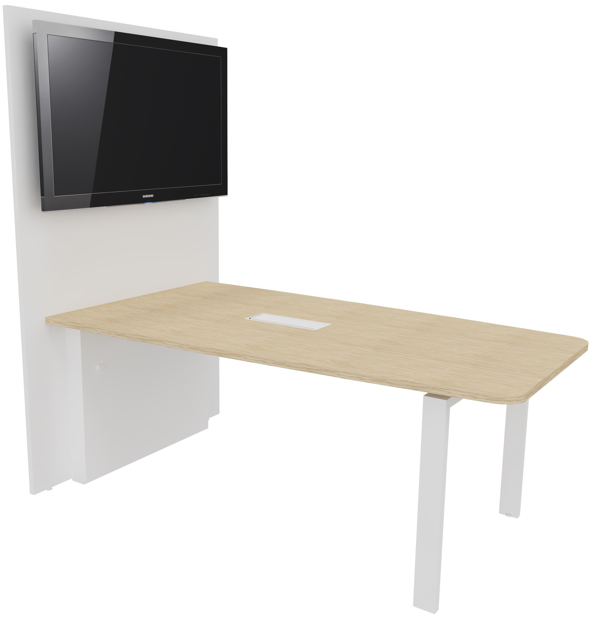 Table réunion Visio avec mur technique L.180 cm x H.72 cm - Plateau Chêne Pieds métal Blanc
