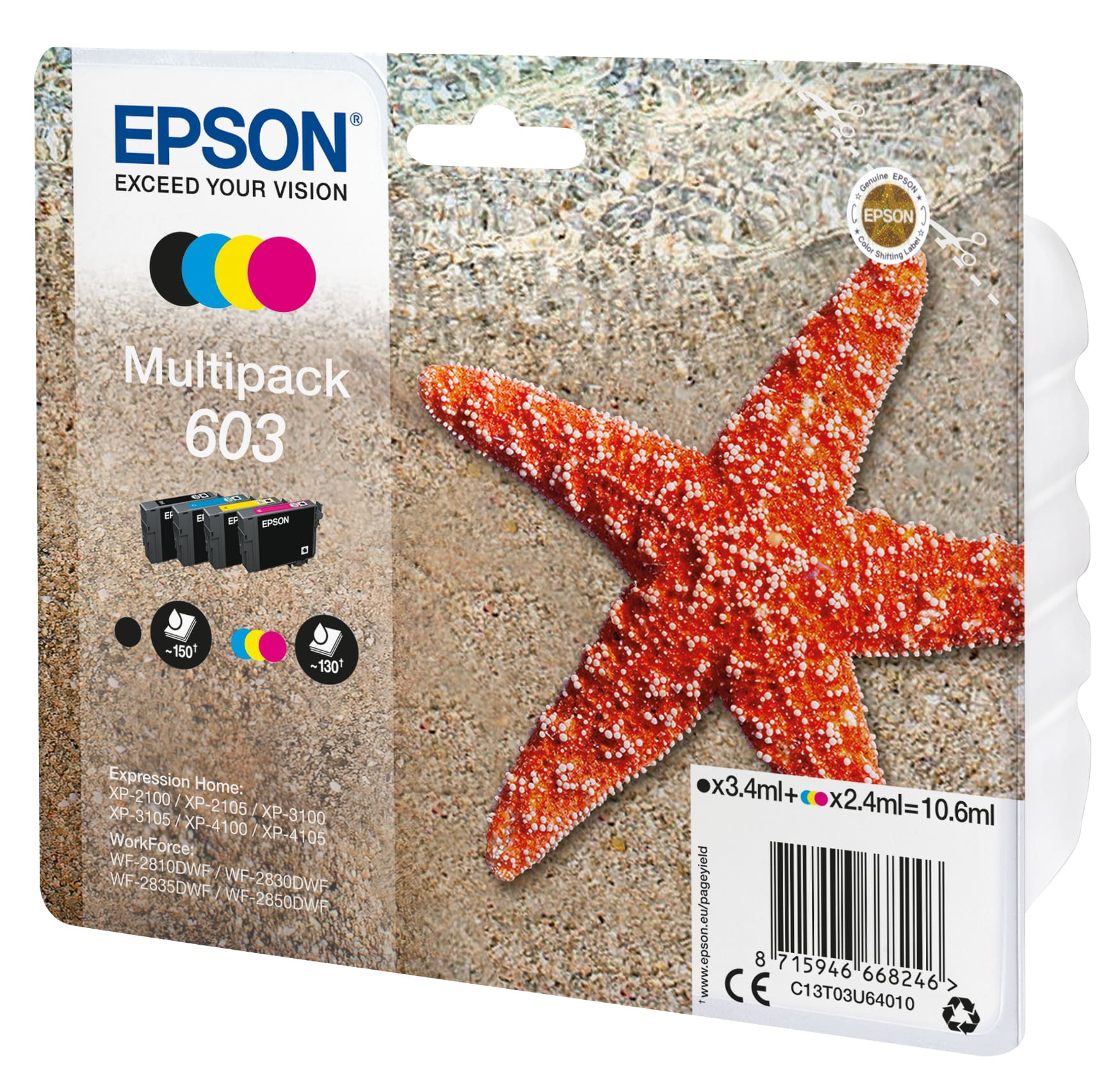 Epson 603 ''Étoile de mer'' Cartouche d'encre originale C13T03U64010 - Pack de 4 (Noir, Cyan, Magenta, Jaune)