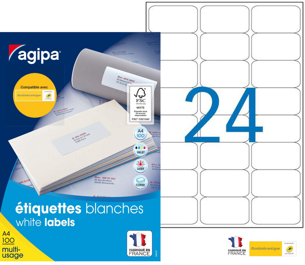 AGIPA 101309 Etiquettes blanches multi-usage 63,5 x 33,9 mm - Bote de 2400