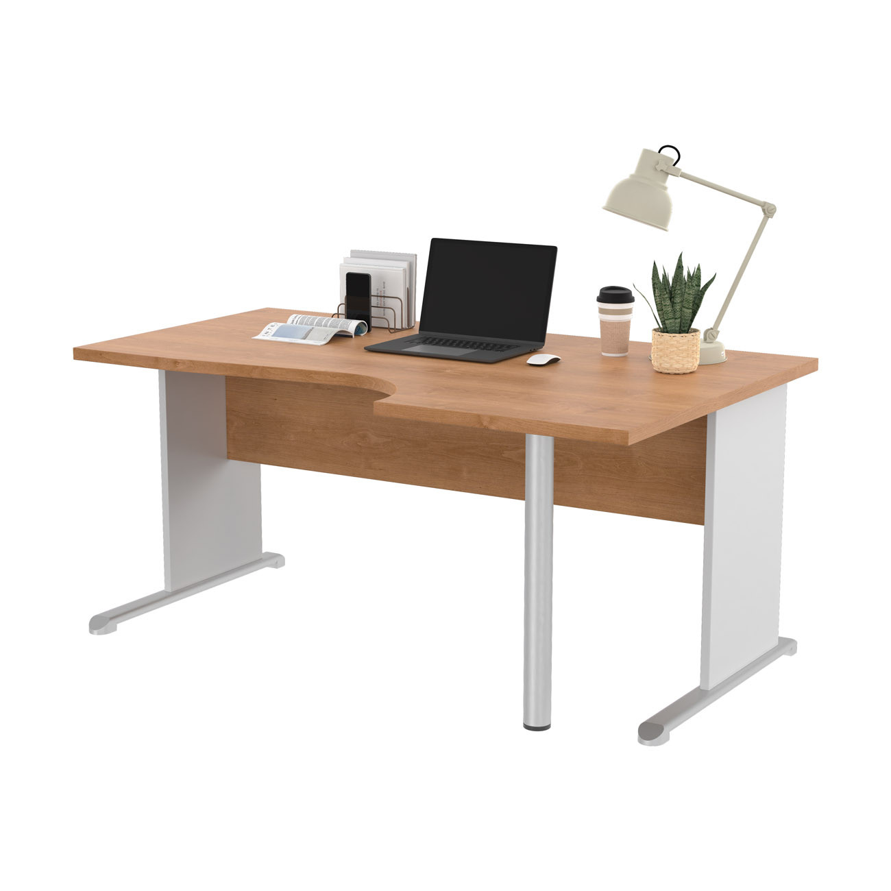 Bureau d'angle compact retour à droite Pronto Bois - L.160 x P.100 cm - Plateau Aulne - Pieds L Blanc