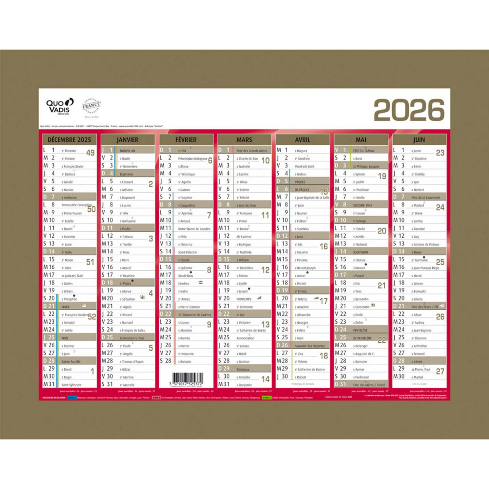 Quo Vadis Calendrier mural annuel - 27 x 21 cm - Or - 2026
