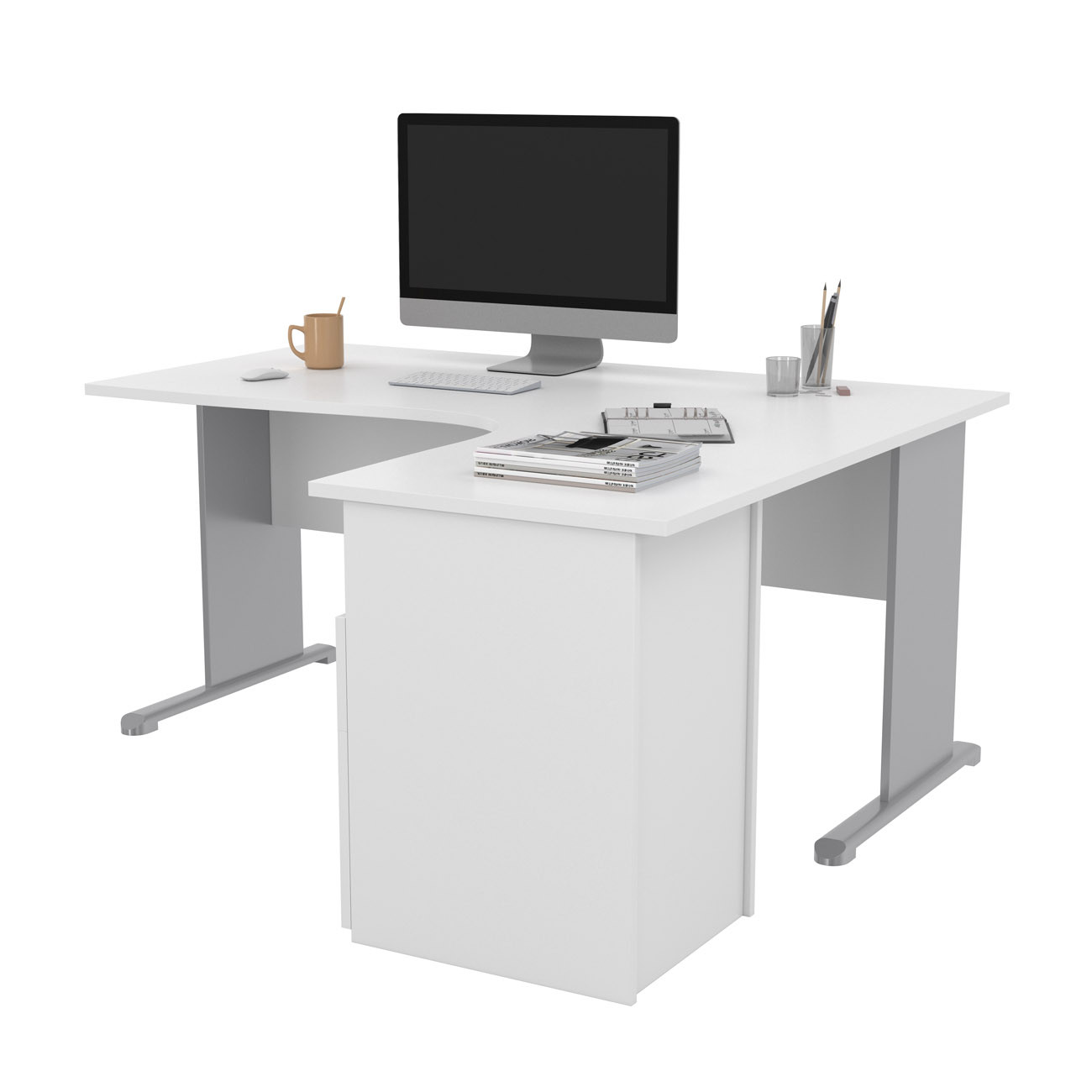 Pack Bureau d'angle compact retour à droite Pronto Bois - L.160 x P.100 cm - Plateau Blanc - Pieds L Aluminium + Caisson hauteur bureau