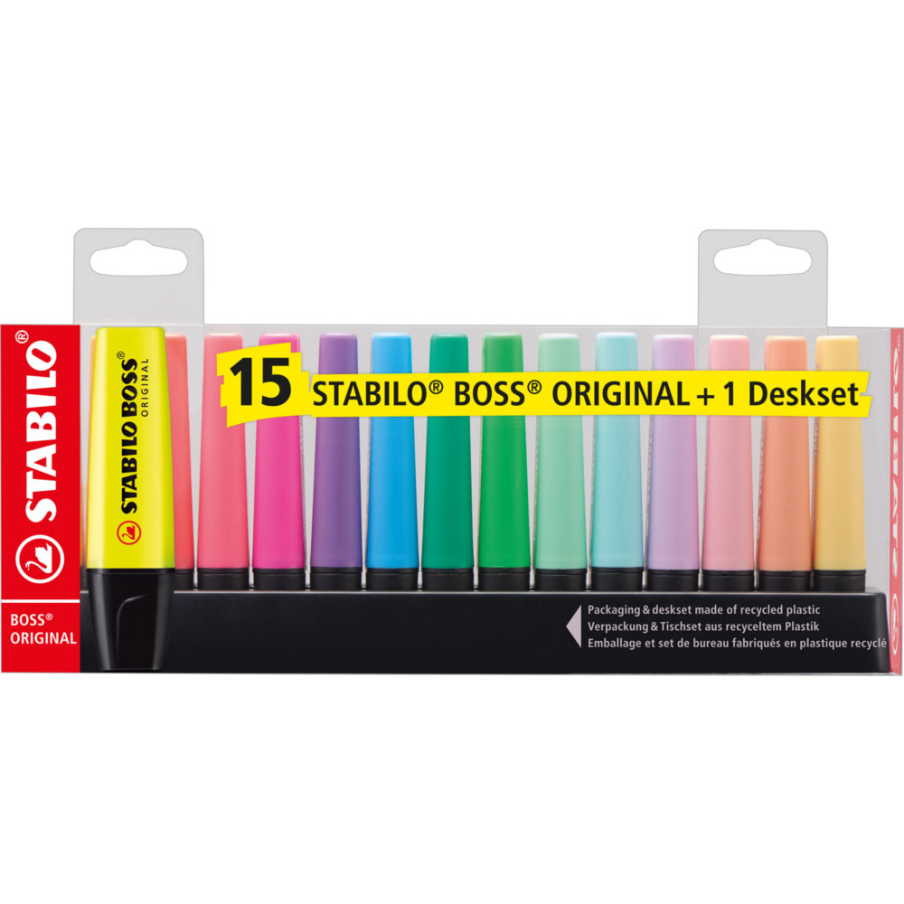 STABILO BOSS ORIGINAL - Surligneur pointe biseaute 2 et 5 mm - Set de bureau de 15 coloris assortis fluo et pastel