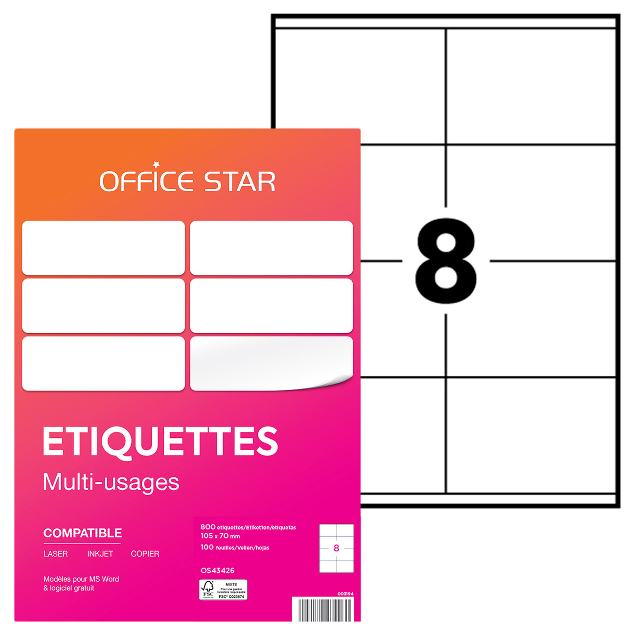 OFFICE STAR OS43426 Etiquettes multi-usages blanches 105 x 70 mm - Boîte de 800