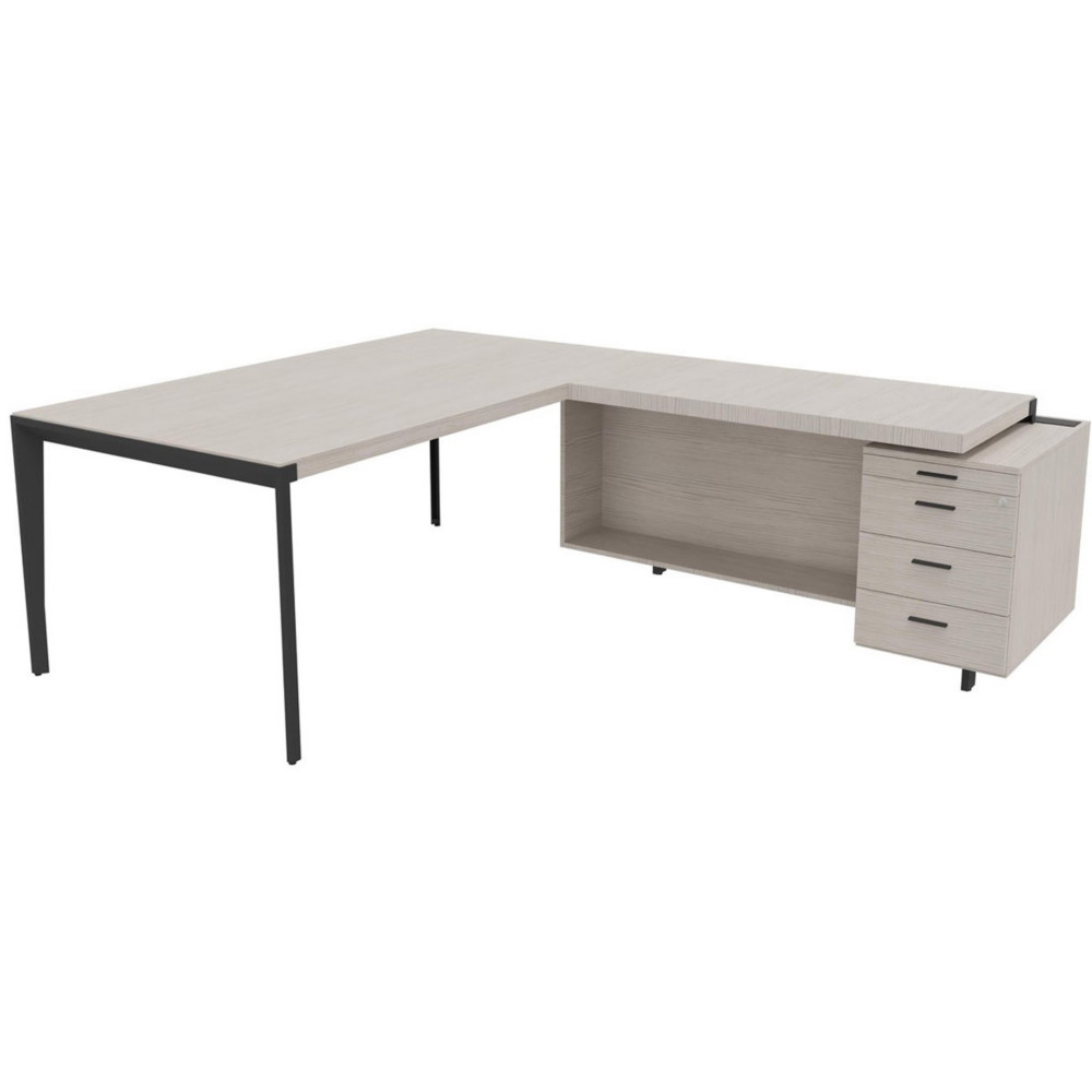 Bureau d'angle direction Arold 212 x 234 avec retour caisson porteur  droite Placage bois orme gris - Pitement mtal gris