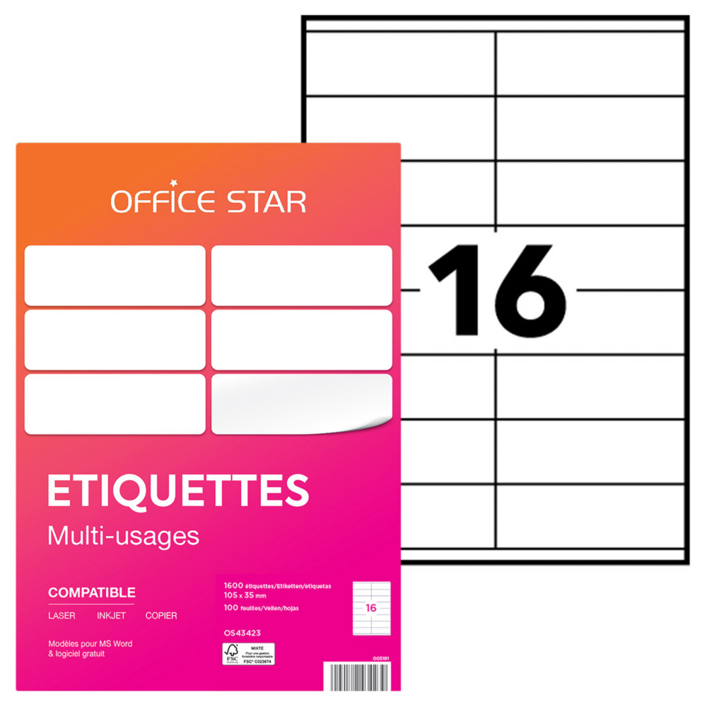 OFFICE STAR OS43423 Etiquettes multi-usages blanches 105 x 35 mm - Bote de 1600
