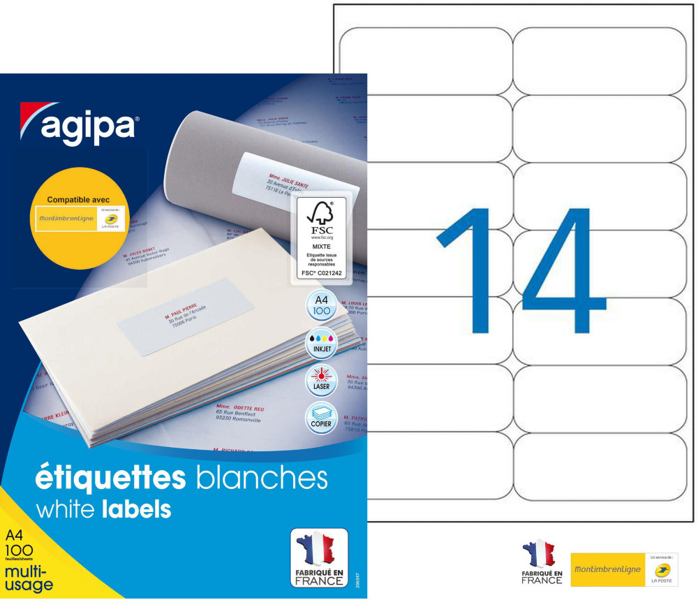 AGIPA 118986 Etiquettes blanches multi-usage 99,1 x 38,1 mm - Bote de 1400