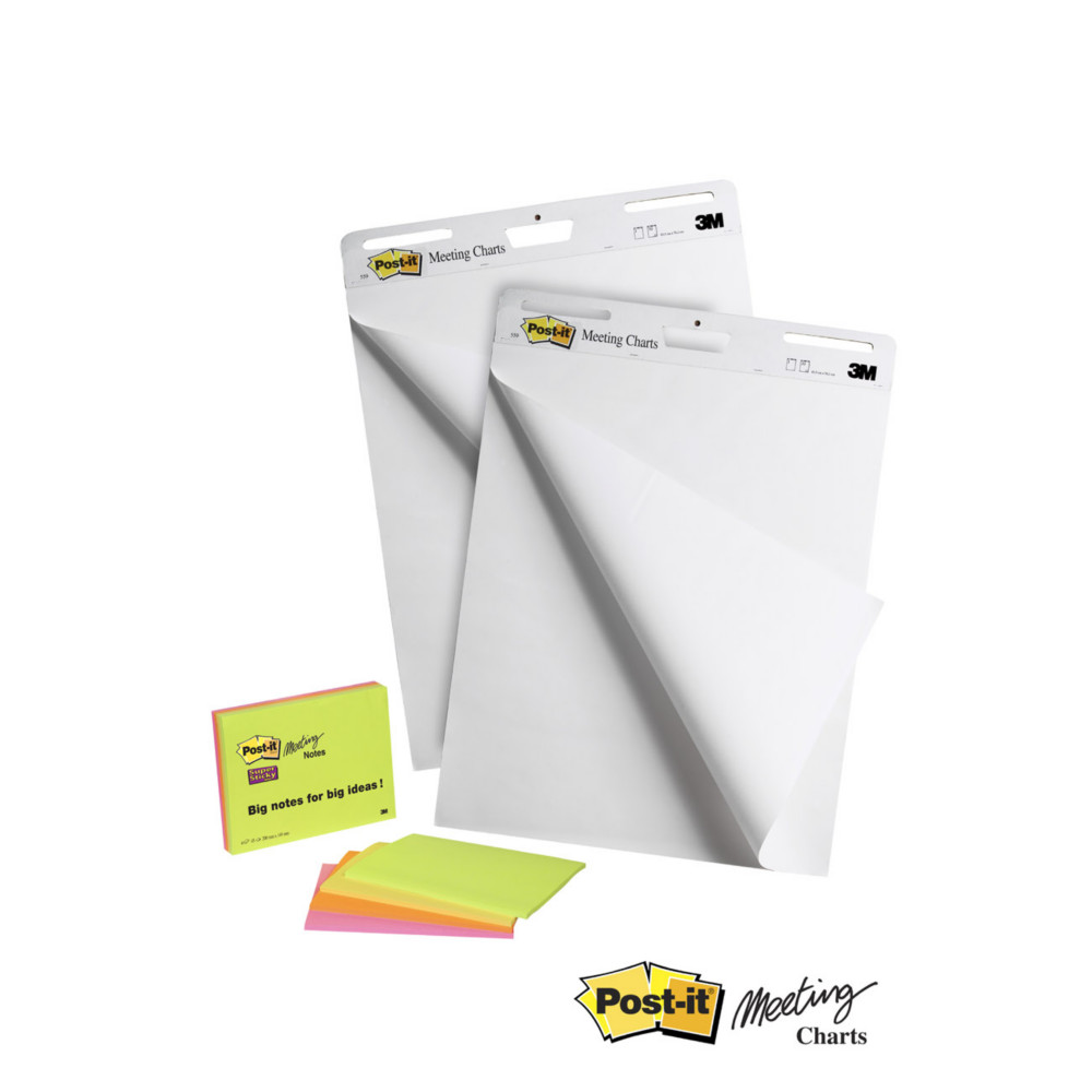 Post-it Recharge chevalet Meeting Charts papier autocollant blanc - L.63,5 x H.76,2cm - Bloc de 30 feuilles - Lot de 2 + 4 meeting notes offertes