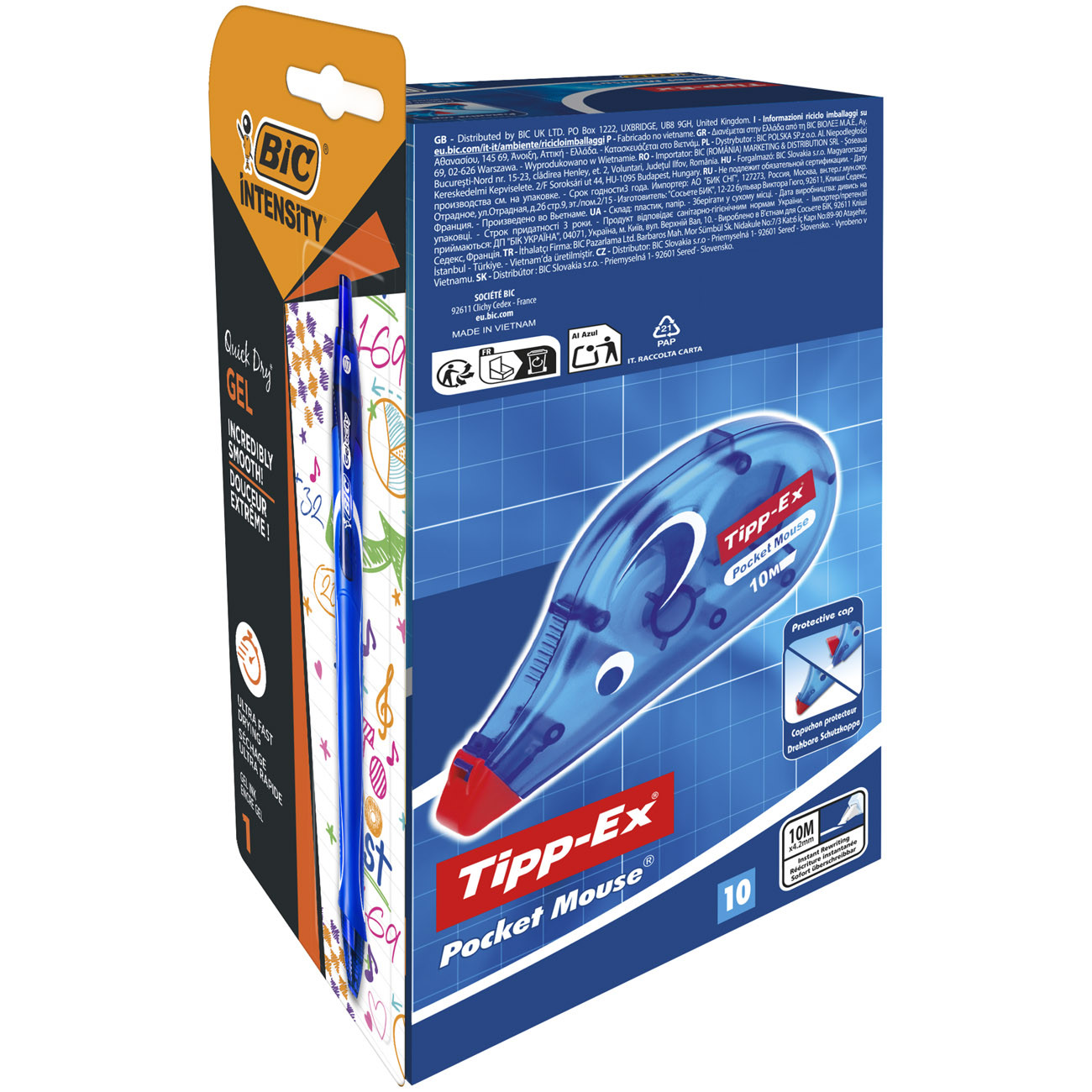 Tipp-Ex Pocket Mouse Roller de correction - 4,2 mm x 10 m - Pack de 10 rollers + 1 stylo Gel-ocity Quick Dry OFFERT