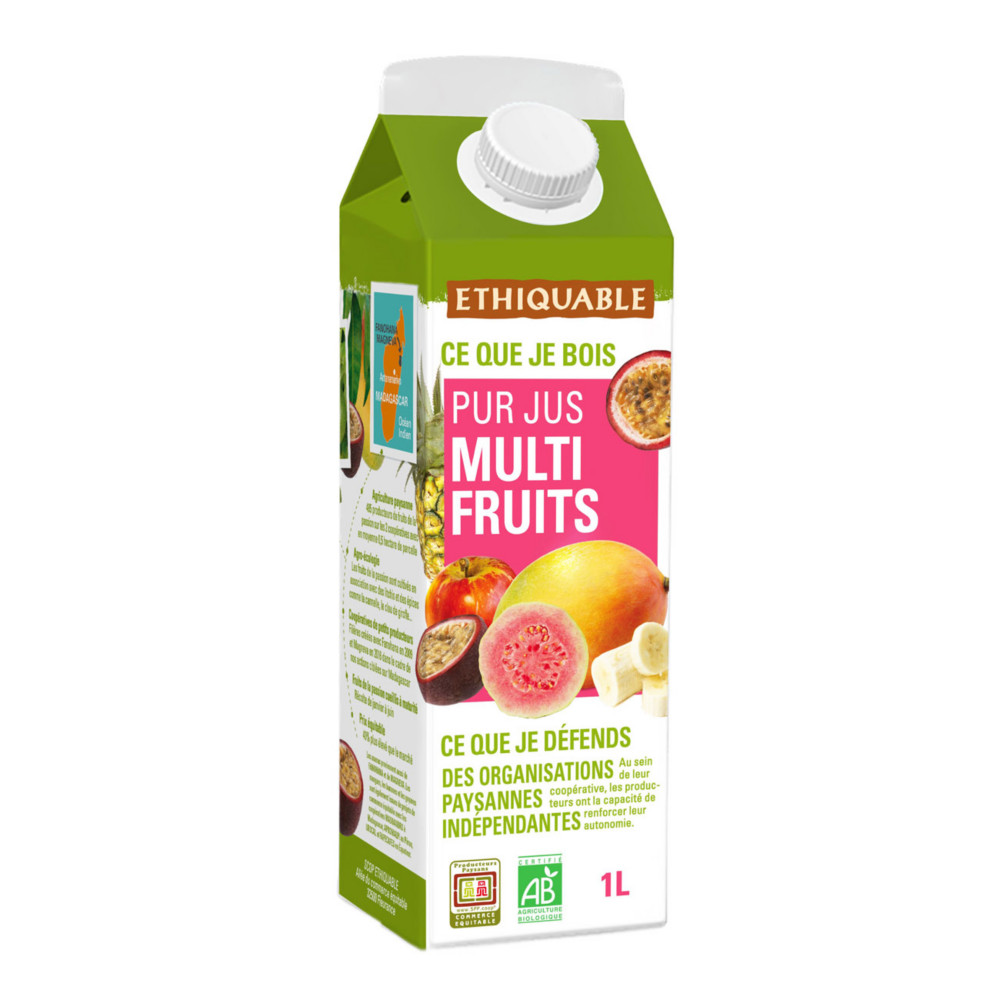 Ethiquable Pur Jus multifruits Bio et quitable - Lot de 8 briques 1L