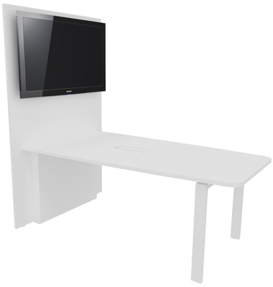 Table runion Visio avec  mur technique L.180 cm x H.72 cm - Plateau et pieds mtal Blanc