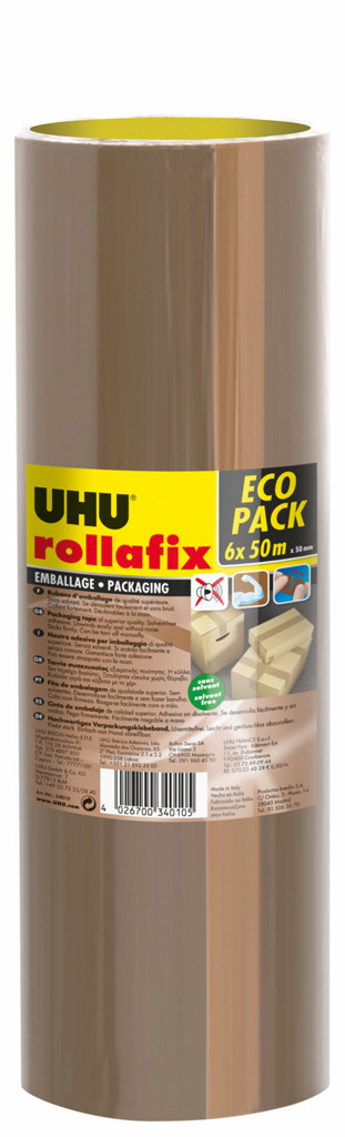 UHU Rollafix Ruban adhésif d'emballage en polypropylène silencieux 46 microns 50 mm x 50 m - Havane - Lot de 6